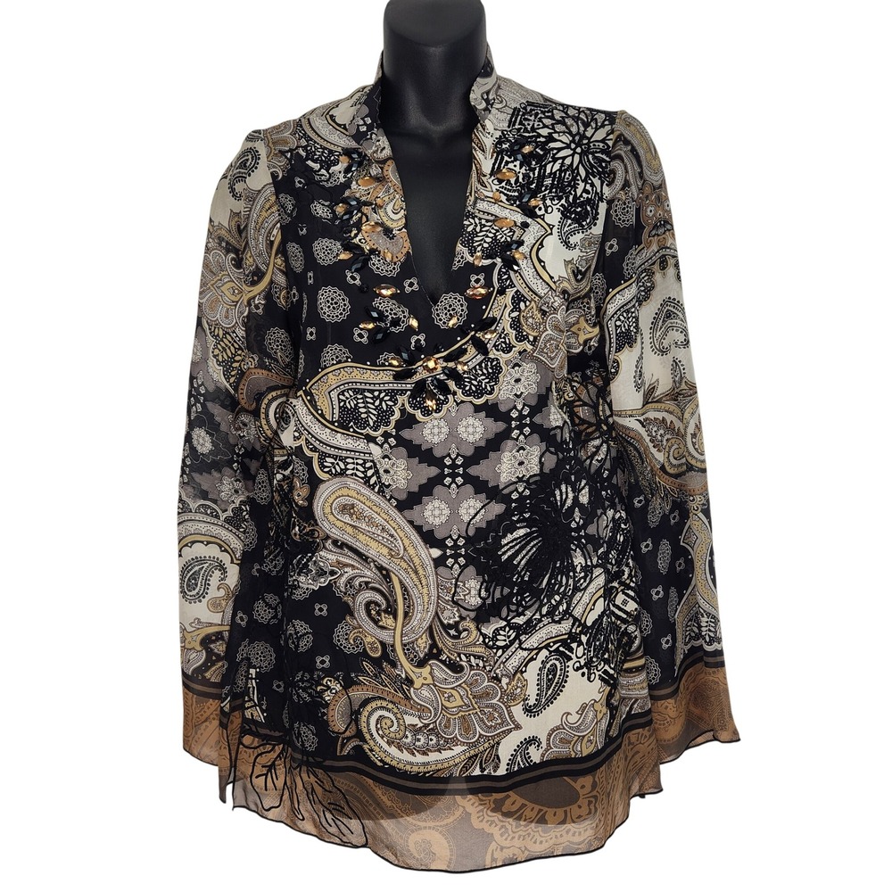 Hale Bob Lounge XS Black Paisley Beaded Sheer Silk Blouse Flowy Velvet Embossed - Picture 11 of 11